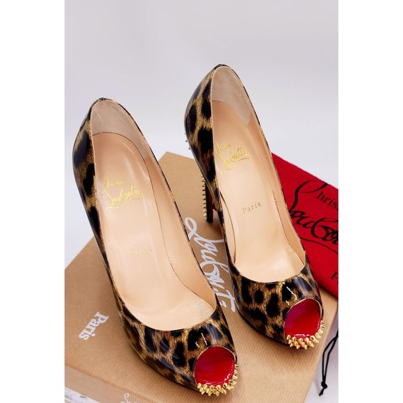 Christian Louboutin Pumps NEW VERY PRIVE Leopard Gold Peep Toe Heels Size 37.5 - Picture 4 of 10